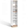 **Narrow White Wooden Bookshelf with Open Shelves**