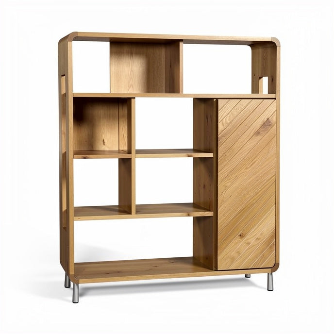 **Modern Wooden Shelving Unit with Sliding Door and Open Compartments**