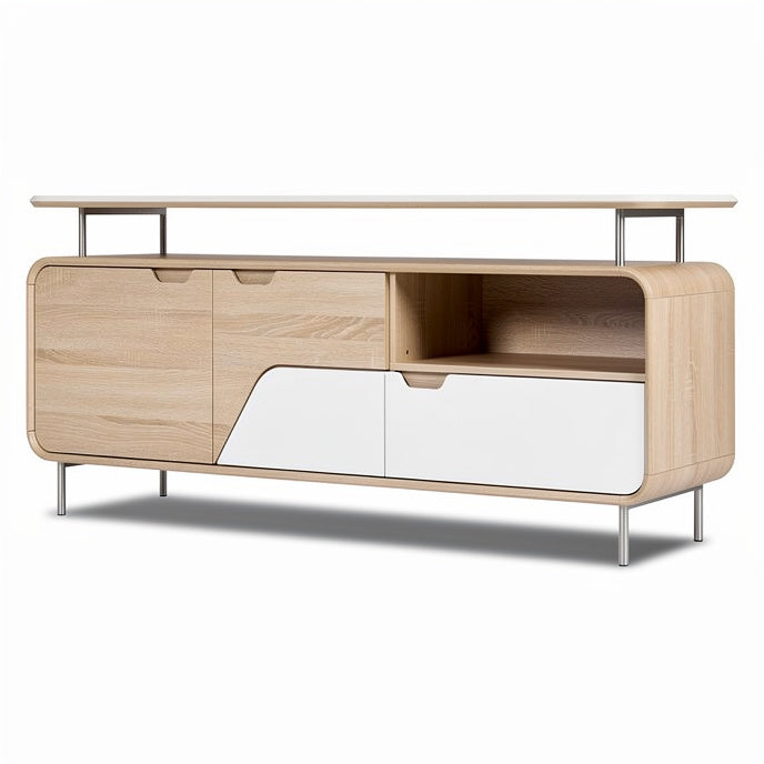 **Modern Wooden TV Stand with White Accents and Minimalist Design**