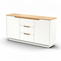 **Minimalist White Storage Cabinet with Wooden Top and Drawers**