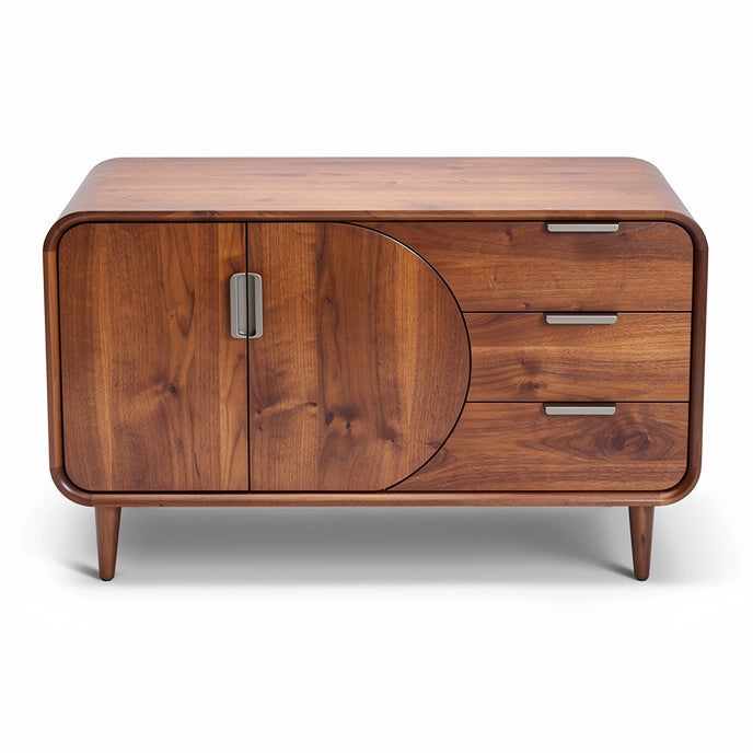 **Mid-Century Modern Wooden Sideboard with Rounded Door and Drawer Storage**