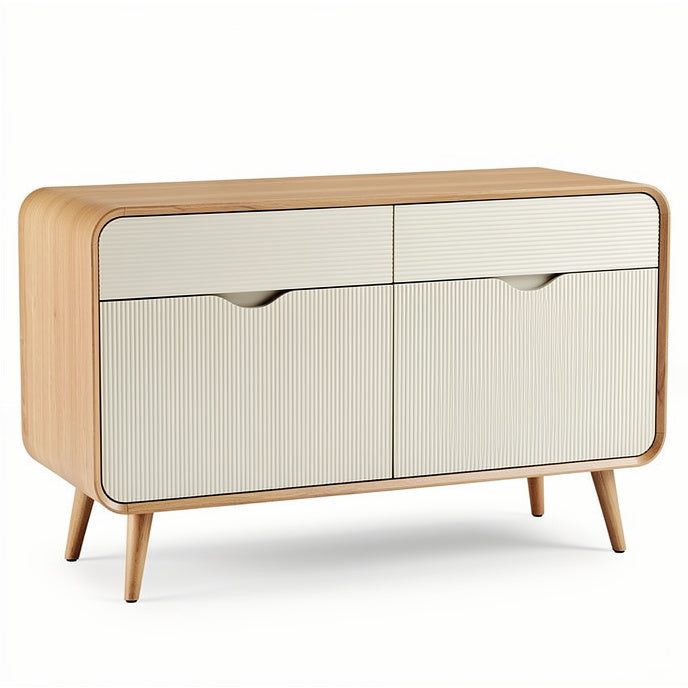**Contemporary Wooden Sideboard with Textured Drawers and Rounded Edges**