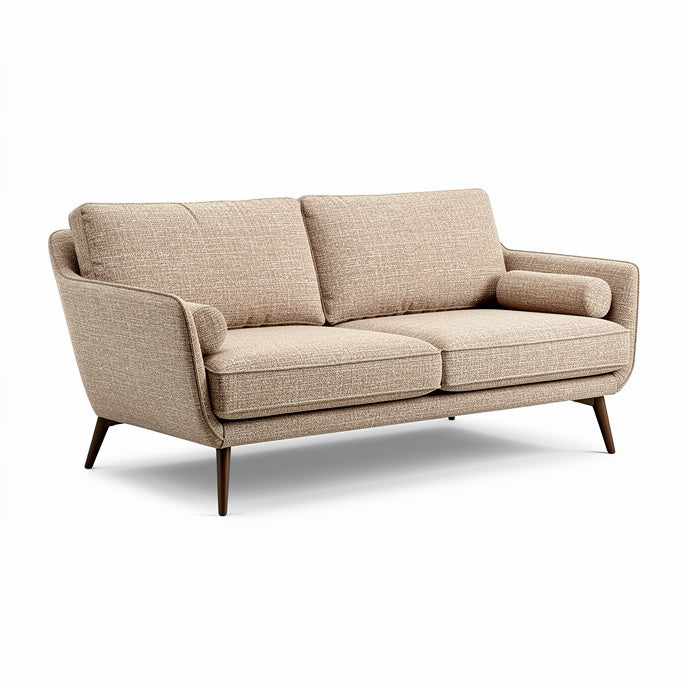 **Modern Beige Fabric Sofa with Sleek Wooden Legs**