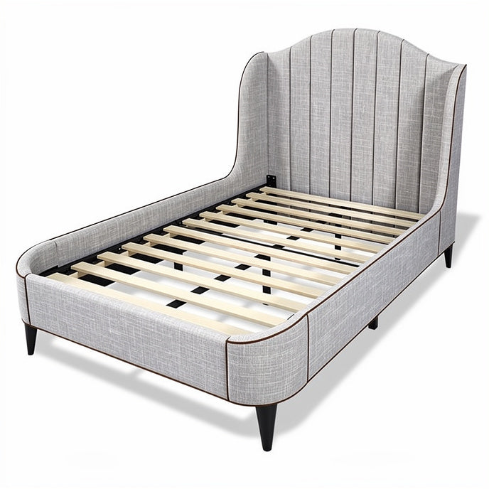 **Modern Upholstered Bed Frame with Vertical Stitching and Slatted Base**