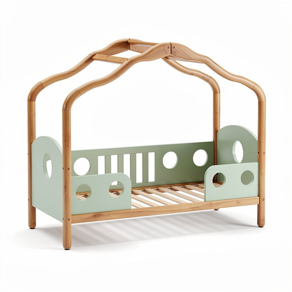 **Wooden Toddler Bed with House-Shaped Canopy and Minimalist Design**
